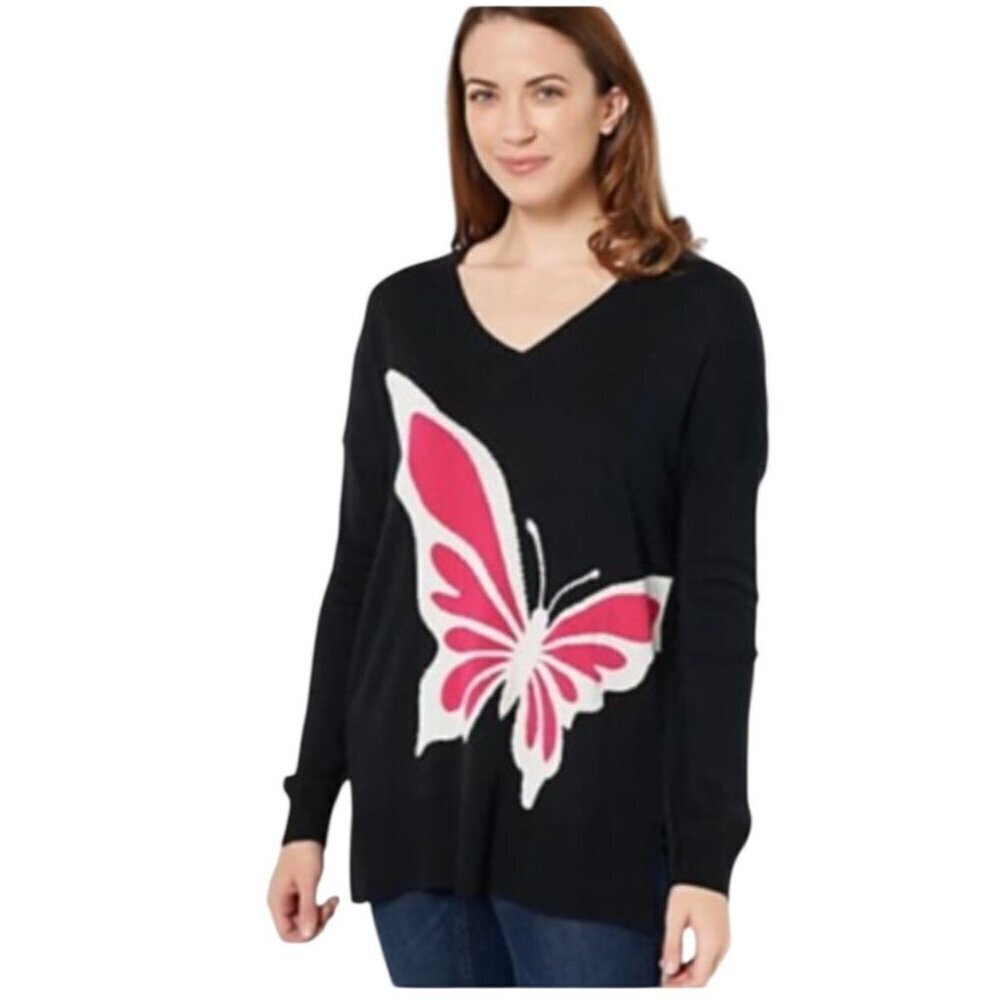 LAURIE FELT Butterfly 3/4 Sleeve V-Neck Relaxed Fit Pullover Sweater (2X)